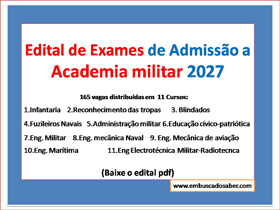 Edital de exames de Admissão Academia Militar 2027