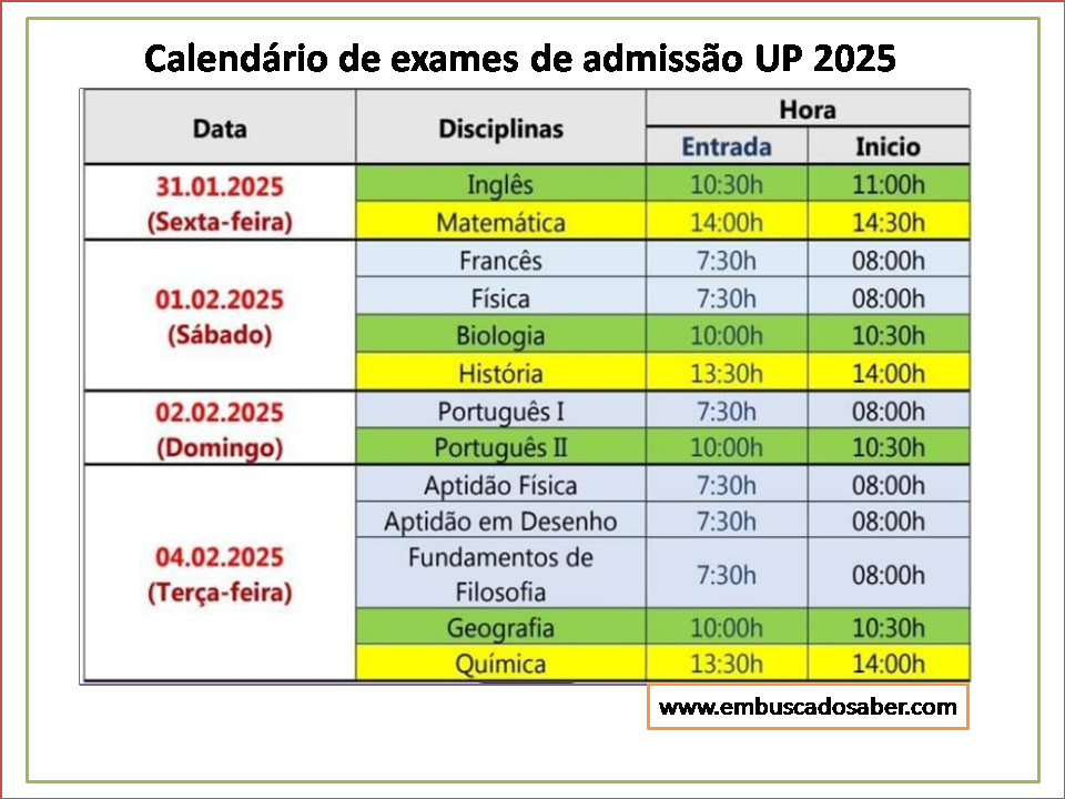 Calendário de exames de admissão UP 2025